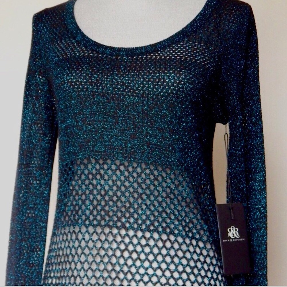 Rock & Republic Metallic Blue/Green Long Sleeve Mesh Knit Sweater Top, S